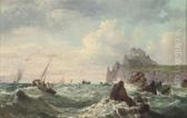 Fishing Boats Below A Fortified Headland Oil Painting by John Jock Wilson