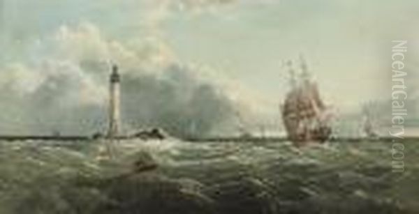 A Brig Off The Eddystone Lighthouse Oil Painting by John Jock Wilson