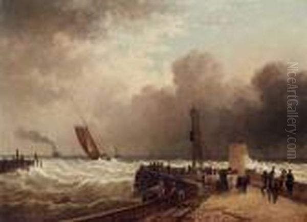 Shipping Approaching The Harbour Mouth In A Rough Sea Oil Painting by John Jock Wilson