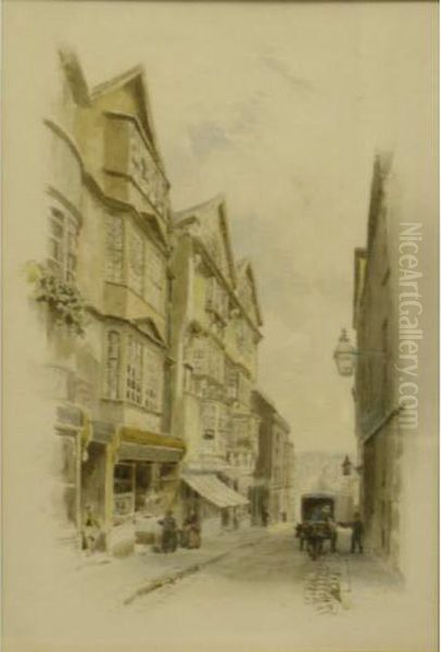 Streetscene With Horse Anddray Coming Up Hill Oil Painting by Henry B. Wimbush