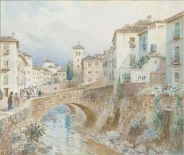 Figures By A Bridge At Granada, Spain Oil Painting by Henry B. Wimbush