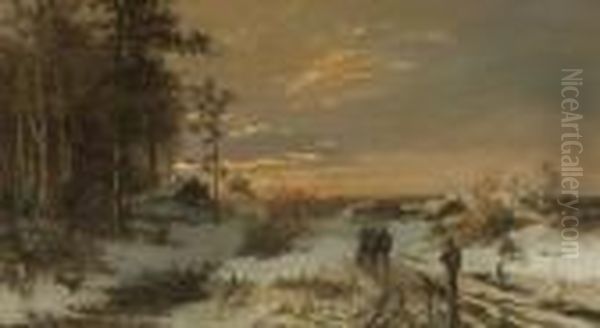 Heimkehrende Jager In
 Winterlandschaft. Oil Painting by Conrad Wimmer