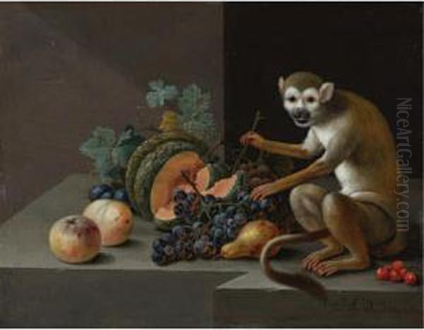 A Monkey Perched On A Stone Ledge With Grapes, A Melon, Cherries, A Pear And Other Fruit Oil Painting by Johann Amandus Winck