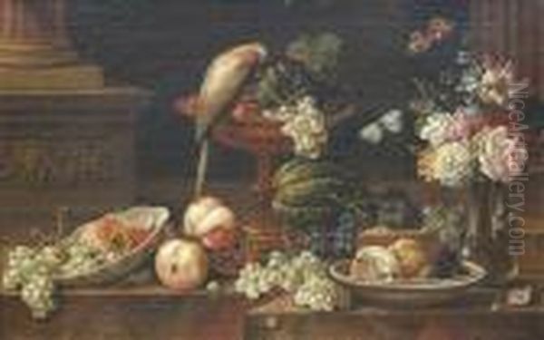 A Still Life With Flowers And Fruits And A Perroquet And Various Insects On A Ledge Oil Painting by Johann Amandus Winck