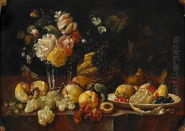 A Still Life With Flowers In A 
Glass Vase, A Lemon, Cherries And Other Fruit In A Porcelain Vase With 
Butterflies And Other Fruit On A Ledge; Also A Companion Still Life (a 
Pair) Oil Painting by Johann Amandus Winck