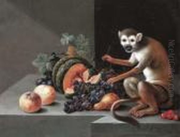 A Monkey With Grapes, Peaches, A Melon And Other Fruit On A Stoneledge Oil Painting by Johann Amandus Winck