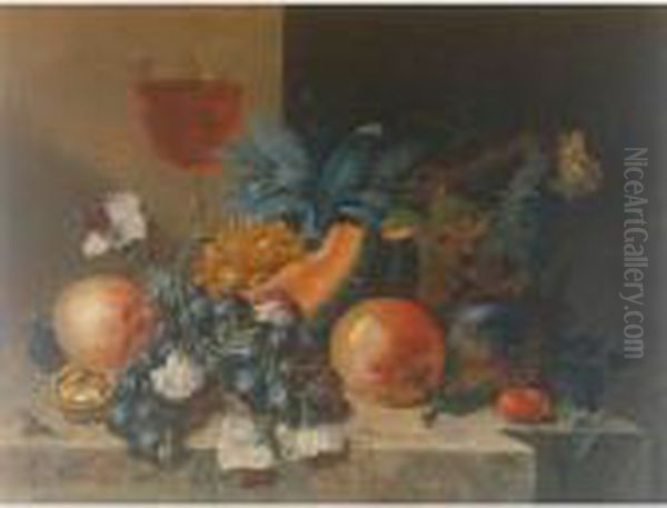 Still Life Of Fruit And Nuts With A Wine Glass All Resting On A Ledge Oil Painting by Johann Amandus Winck