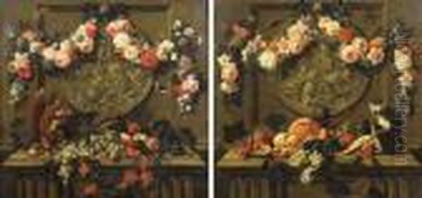 Trompe L'oeils: Garlands Of 
Flowers Hanging From Ribbons On Nails Over Feigned Sculpted Cartouches, 
Above Ledges With Fruit, A Squirrel And A Monkey Oil Painting by Johann Amandus Winck