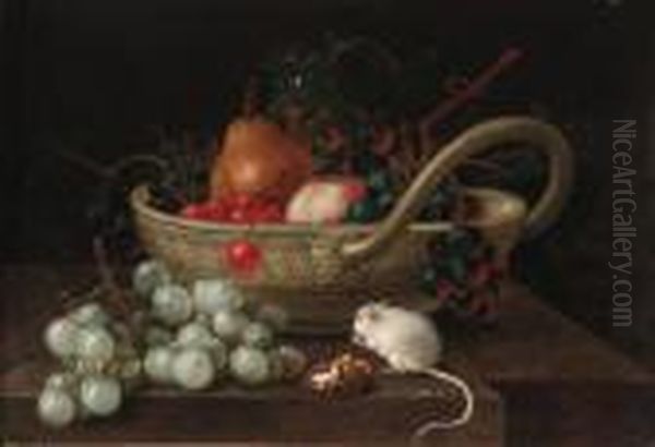 Grapes, Pears And Other Fruit In
 A Bowl, With A Mouse Eating Ahazlenut On A Ledge: And A Bowl Of Fruit 
With A Mouse Eating Awalnut On A Ledge Oil Painting by Johann Amandus Winck