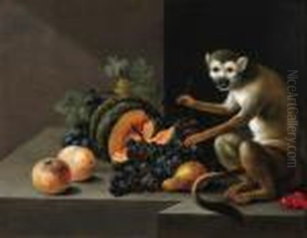 A Monkey With Grapes, Peaches, A Melon And Other Fruit On A Stoneledge
Signed With Initials And Dated 'j.a.w. 1804.' Oil Painting by Johann Amandus Winck