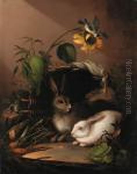 Two Rabbits In An Upturned Basket With A Blue Tit On Asunflower Oil Painting by Johann Amandus Winck