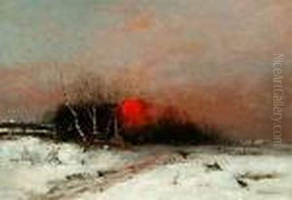 Sunset Over A Snowy Landscape Oil Painting by Anton Windmaier