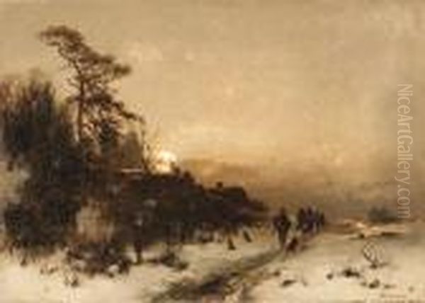 A Walk Along A Snowy Path Oil Painting by Anton Windmaier