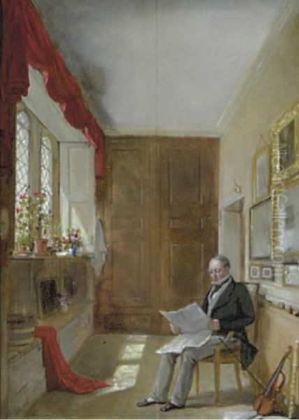 A Gentleman Reading In An Interior Oil Painting by James Digman Wingfield