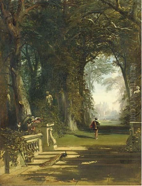 Cavaliers In A Wooded Avenue, A Country House Beyond Oil Painting by James Digman Wingfield