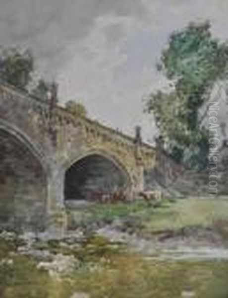 Cattlenear A Bridge Over A River Oil Painting by William Tatton Winter