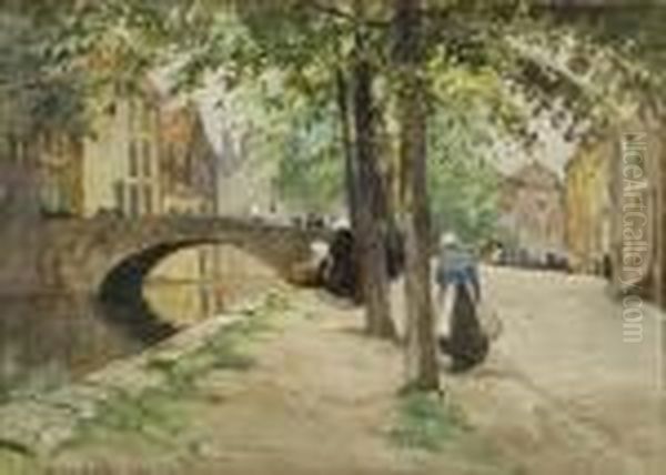 Bord De Canal Anime A Bruges Oil Painting by William Tatton Winter