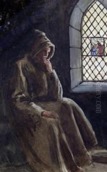 Monk Beside A Stained Glass Window Oil Painting by William Tatton Winter