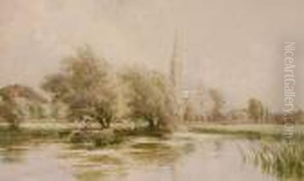 Man In A Punt Near Salisbury Cathedral Oil Painting by William Tatton Winter