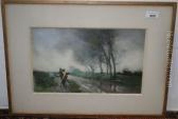 Figure Walking On A Track Inscribed On Reverse Oil Painting by William Tatton Winter