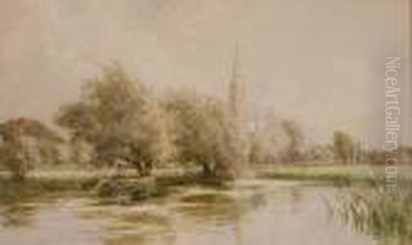 Boatman On A River Near Salisbury Cathedral Oil Painting by William Tatton Winter