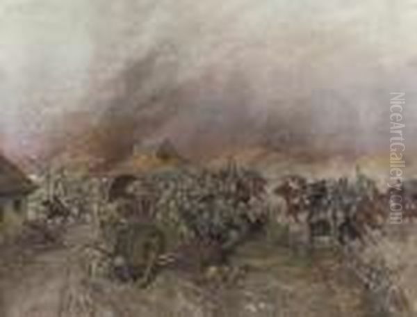 An Austrian Uhlan Regiment Attacking And Dispersing Murderous And Looting Russians Oil Painting by Leonard Winterowski