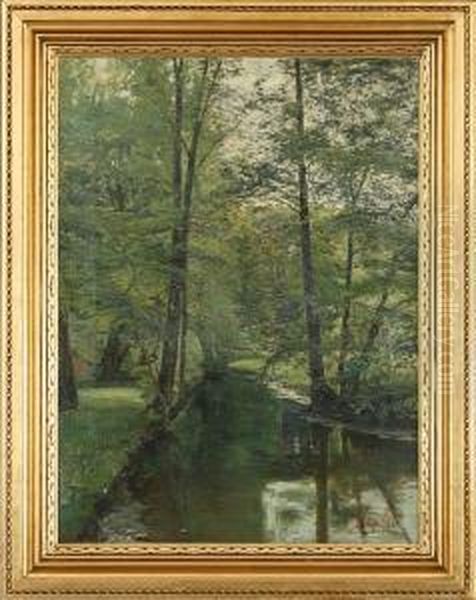 Stream In The Wood With Flying Swallows Oil Painting by Frederik Winther