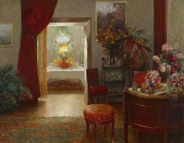 Interior With View Of A Festively Decorated Table Oil Painting by Olga Wisinger-Florian