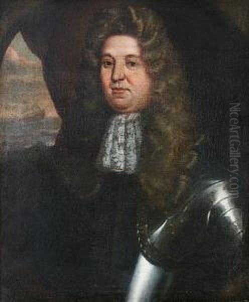 Portrait Of An Admiral, Said To 
Be Robert Blake, Half-length, In Suit Of Armour, Before A Seascape, 
Within A Painted Oval Oil Painting by William Wissing or Wissmig