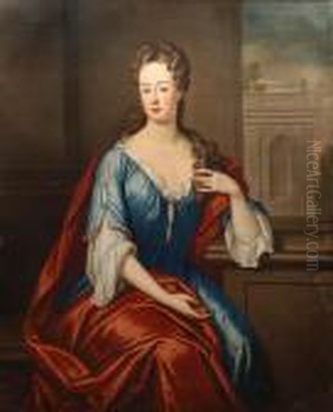 Portrait Of A Lady Wearing Blue Dress And Redcloak Oil Painting by William Wissing or Wissmig