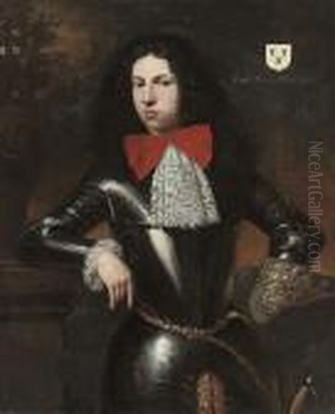 Portrait Of A Gentleman, 
Traditionally Identified As Captain Thomaswalrond, Three-quarter-length,
 In Armour, His Right Arm Resting Ona Stone Plinth Oil Painting by William Wissing or Wissmig