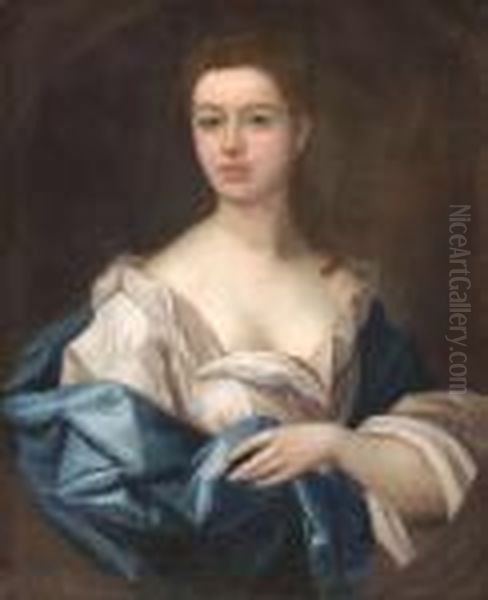 Portrait Of A Lady With Long Hair And Wearing A White Frock With Blue Sash Oil Painting by William Wissing or Wissmig