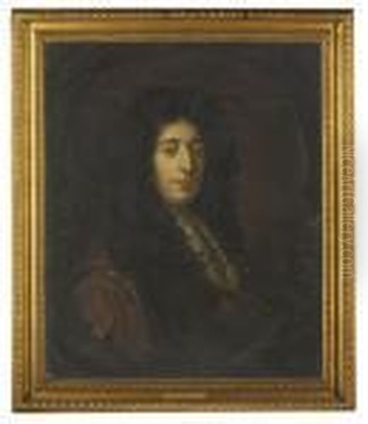 Portrait Of A Gentleman, 
Traditionally Identified As Henry Sidney, 1st Earl Of Romney 
(1641-1704), Bust-length, With A Lace Stock, In A Feigned Oval Oil Painting by William Wissing or Wissmig