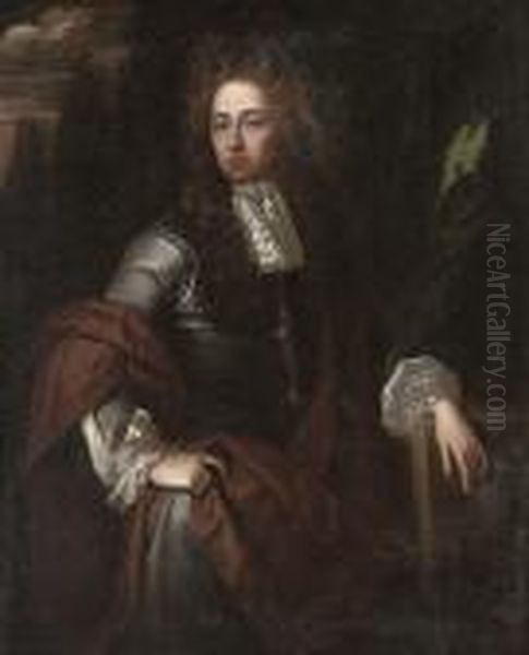 Portrait Of A Gentleman, 
Three-quarter-length, In A Grey Coat And Brown Wrap, By A Plinth, In A 
Landscape Oil Painting by William Wissing or Wissmig