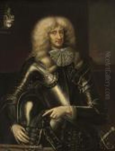 Portrait Of A Gentleman 
Traditionally Identifed As Francis Cressett (b. C.1612), 
Three-quarter-length, In Armour, Holding A Helmet Oil Painting by William Wissing or Wissmig