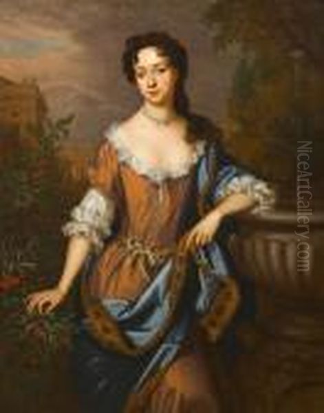 Portrait Of A Lady, Said To Be 
Ann Wodehouse, Three-quarter-length, In A Brown Silk Dress With A White 
Underdress And A Blue And Gold Wrap Standing Beside A Stone Urn Before A
 Palace Oil Painting by William Wissing or Wissmig