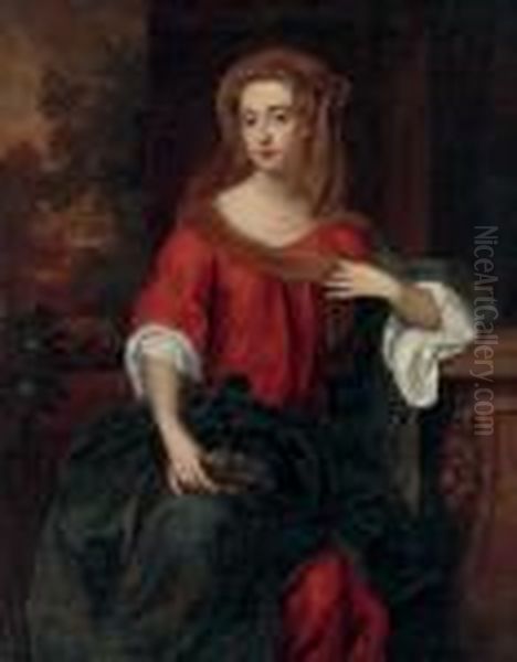 Portrait Of A Lady, 
Three-quarter Length, In A Red Dress And Blue Robe, A Landscape Beyond Oil Painting by William Wissing or Wissmig