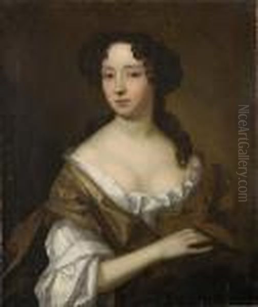 Portrait Of A Lady, Half Length, Wearing Ochre Dress Oil Painting by William Wissing or Wissmig