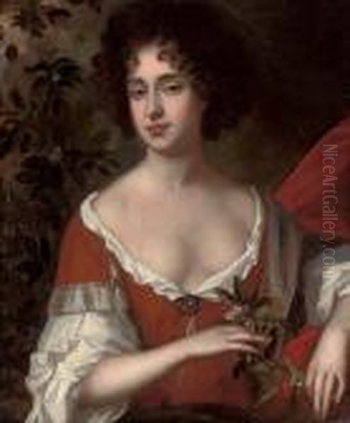 Portrait Of A Lady, Half-length,
 In A Red Dress And White Chemise, Holding Sprigs Of Orange Blossom, In A
 Landscape Oil Painting by William Wissing or Wissmig