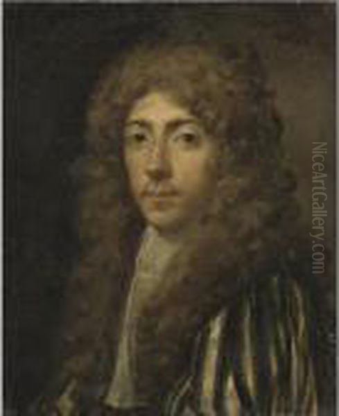 Portrait Of A Gentleman, Head And Shoulders, Wearing A Striped Doublet Oil Painting by William Wissing or Wissmig