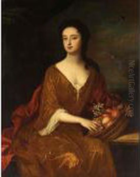 A Portrait Of A Lady, Seated 
Three-quarter Length, Wearing A Red Dress And White Blouse, Holding A 
Basket With Various Fruits Oil Painting by William Wissing or Wissmig