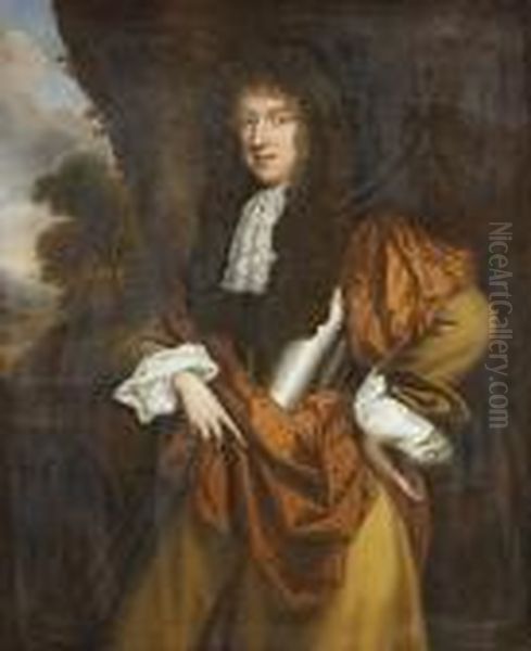 Portrait Of A Gentleman, 
Standing Three-quarter-length, In A Breast Plate, A Buff Coat, A Jabot 
And A Brown Wrap, A View To A Landscape Beyond Oil Painting by William Wissing or Wissmig