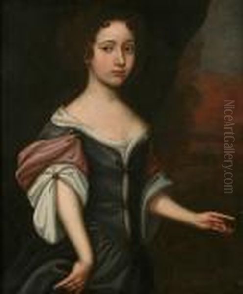 Portrait Of A Young Lady, 
Three-quarter Length, Believed To Be Elizabeth Wentworth, Wearing A Blue
 Dress And Stood Before A Landscape Oil Painting by William Wissing or Wissmig