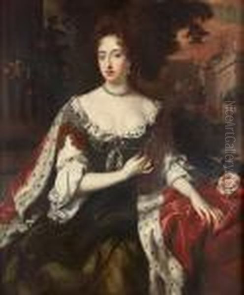 Portrait Of Queen Mary Ii, 
Three-quarter Length In A Dark Green, Lace-edged Dress And An 
Ermine-trimmed Robe, A View To A Palace Beyond Oil Painting by William Wissing or Wissmig