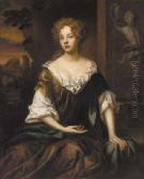 Portrait Of A Lady, 
Three-quarter-length, In An Ochre Dress And Blue Wrap, Beside A 
Fountain, With A Landscape Beyond Oil Painting by William Wissing or Wissmig