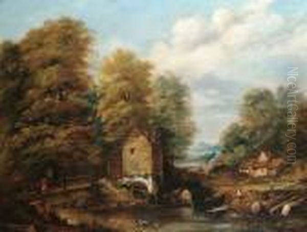 Figures Before A Mill, Derbyshire Oil Painting by William Frederick Witherington