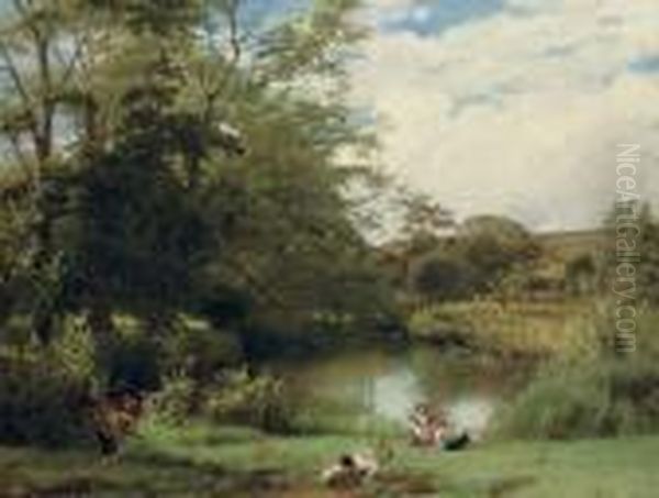 Gathering Watercress On The Banks Of The Mole, Surrey Oil Painting by William Frederick Witherington