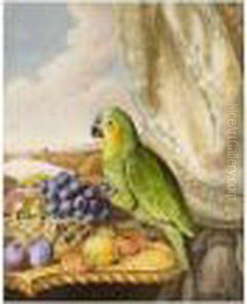 A Parrot Eating From A Bowl Of 
Grapes, Plums, Peaches And Strawberries, A River Landscape Beyond Oil Painting by Augusta Innes Withers