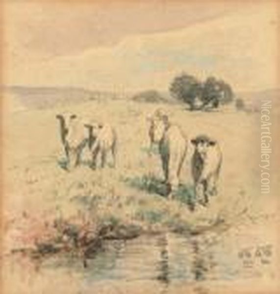 Sheep By The Water's Edge Oil Painting by Walter Withers