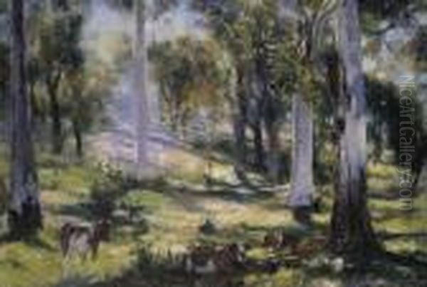 Cattle Grazing In Dappled Light Oil Painting by Walter Withers